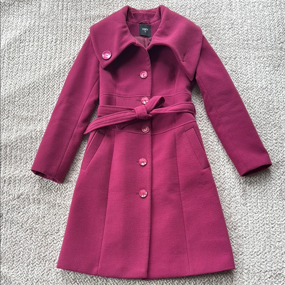Elegant Chic Magenta Belted Wool Blend Coat